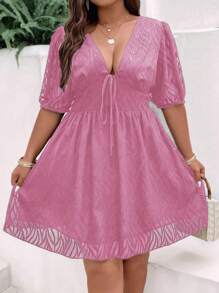 Flirla Plus Knot Front Puff Sleeve Dress - Dusty Pink - View 3