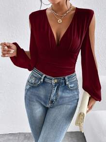 SHEIN Privé Plunging Neck Cut Out Lantern Sleeve Ruched Bodysuit - Burgundy - View 3
