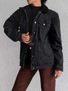 EURMUSE Flap Detail Drop Shoulder Denim Jacket - Dark Grey - View 3