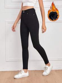 SHEIN Essnce 拉绒面料保暖高腰紧身牛仔裤加厚牛仔布 - 黑色 - 查看 1