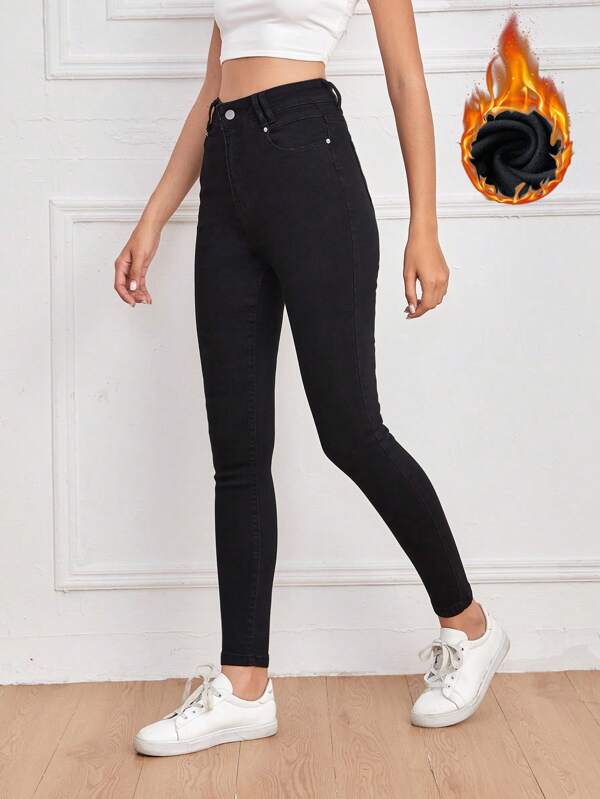 SHEIN Essnce Brushed Fabric Thermal High Waist Skinny Jeans Thickened Denim