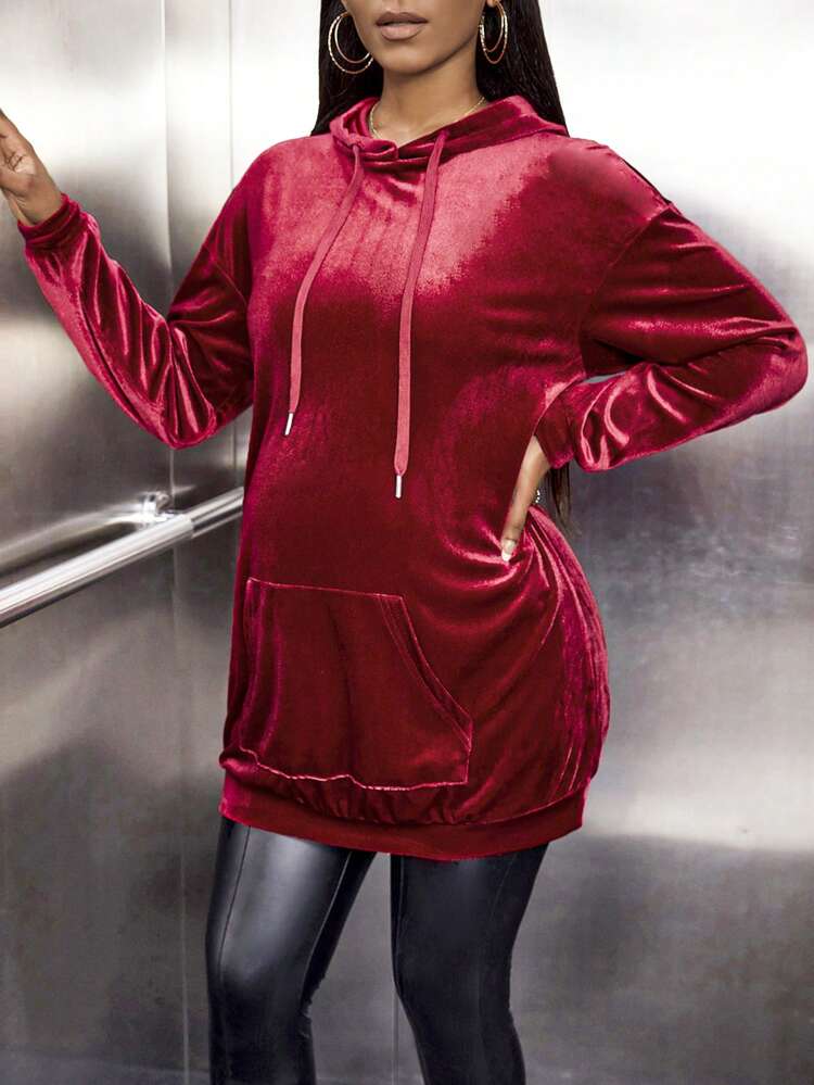Maternity Kangaroo Pocket Drop Shoulder Drawstring Velvet Sweatshirt, For Winter