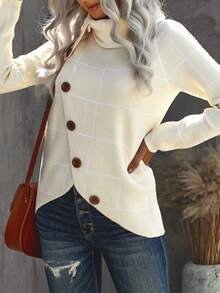 Plaid Pattern Button Detail Turtleneck Asymmetrical Hem Sweater