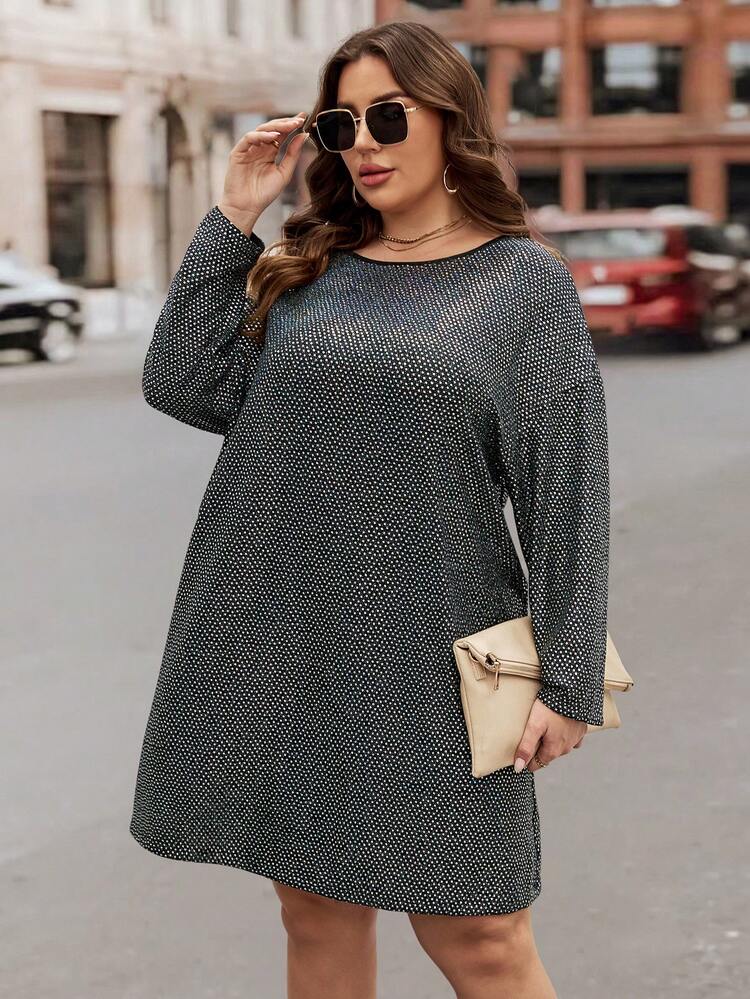 Plus Contrast Binding Drop Shoulder Glitter Dress