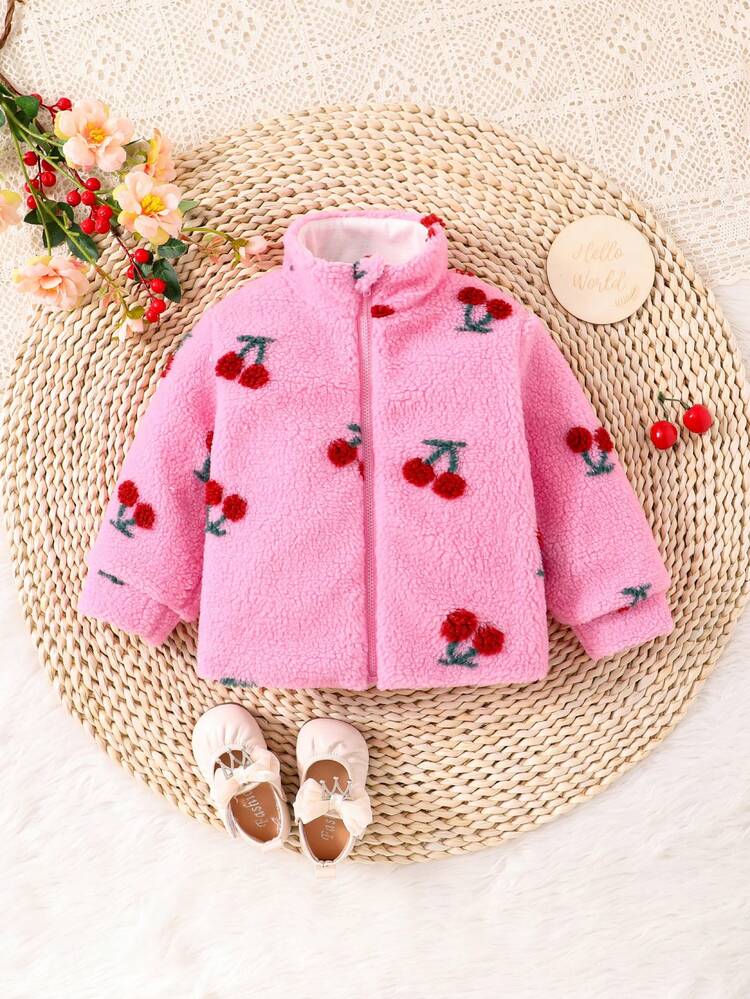 Baby Girl Cherry Pattern Zip Up Teddy Coat