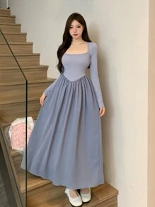 DAZY Chất rắn Viền không đối xứng Váy Dây Với Bolero Shrug Top - Màu xanh bụi bặm - Xem 7