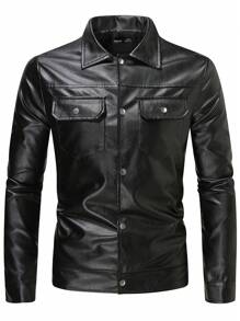 Manfinity Homme Hombres Cazadora con bolsillo con solapa PU - Negro - Ver 1