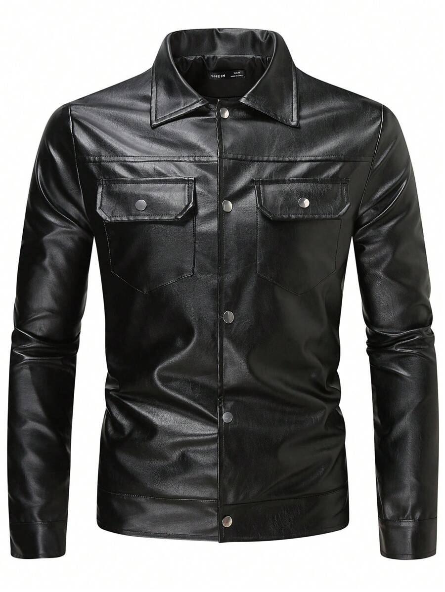 Manfinity Homme Hombres Cazadora con bolsillo con solapa PU - Negro - Ver 1