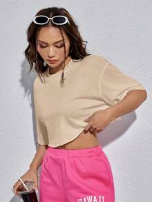 SHEIN EZwear Slogan & Floral Print Drop Shoulder Crop Tee - Apricot - View 5