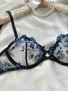 2pcs Floral Embroidery Mesh Underwire Bra & Panty Set Lingerie Set - Multicolor - View 4
