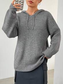SHEIN EZwear Pull Épaule tombante À Cordon À Capuche - Gris - Voir 2