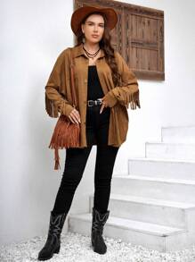 EMERY ROSE Plus Fringe Trim Drop Shoulder Jacket - Brown - View 4