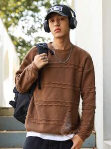 Claim Dot 男士破洞落肩袖套頭毛衣 - 咖啡棕 - 查看 5