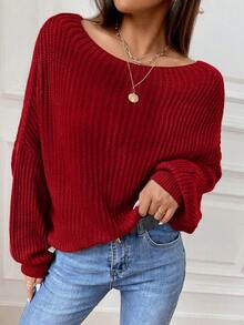 SHEIN Unity 素色落肩袖套頭毛衣 - 紅色 - 查看 5