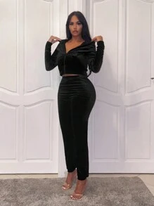 Slaydiva Solid Crop Velvet Top & Pants Set - Black - View 2
