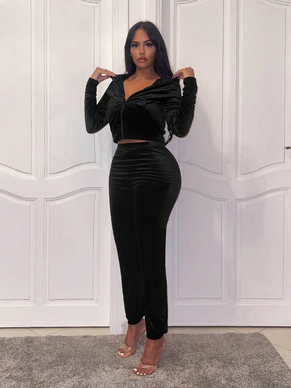 Solid Crop Velvet Top & Pants Set