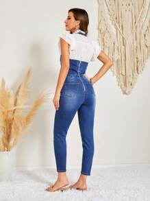 SHEIN Privé Button Detail Denim Overalls Without Top - Blue - View 2