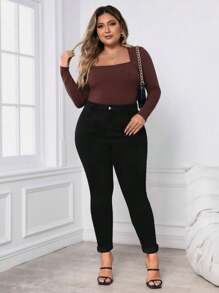 SHEIN Frenchy 加大码紧身牛仔裤 - 黑色 - 查看 4