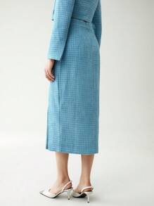 Chiquease High Waist Split Thigh Tweed Skirt - Blue - View 2