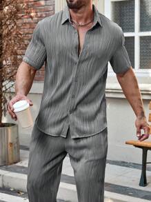 Manfinity Homme 男士前排扣T恤&腰部抽繩長褲 - 灰色 - 查看 3