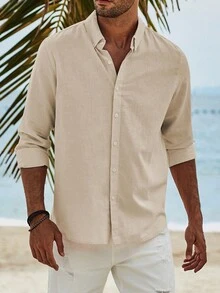 男士素色前排扣襯衫 - 米色 - 查看 3