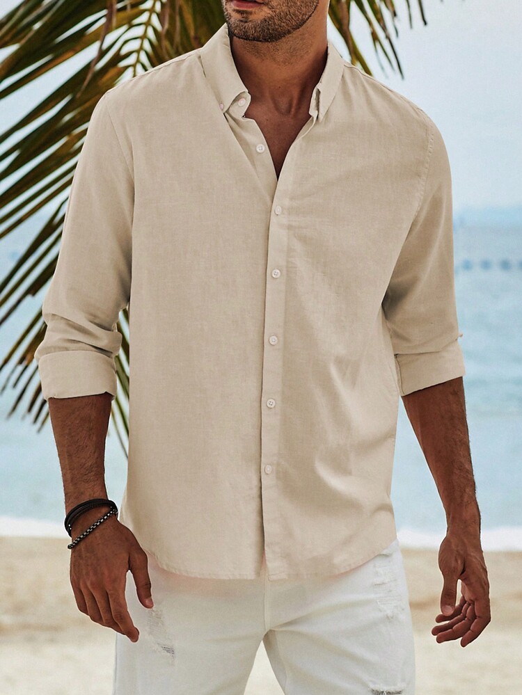 男士素色前排扣襯衫 - 米色 - 查看 3