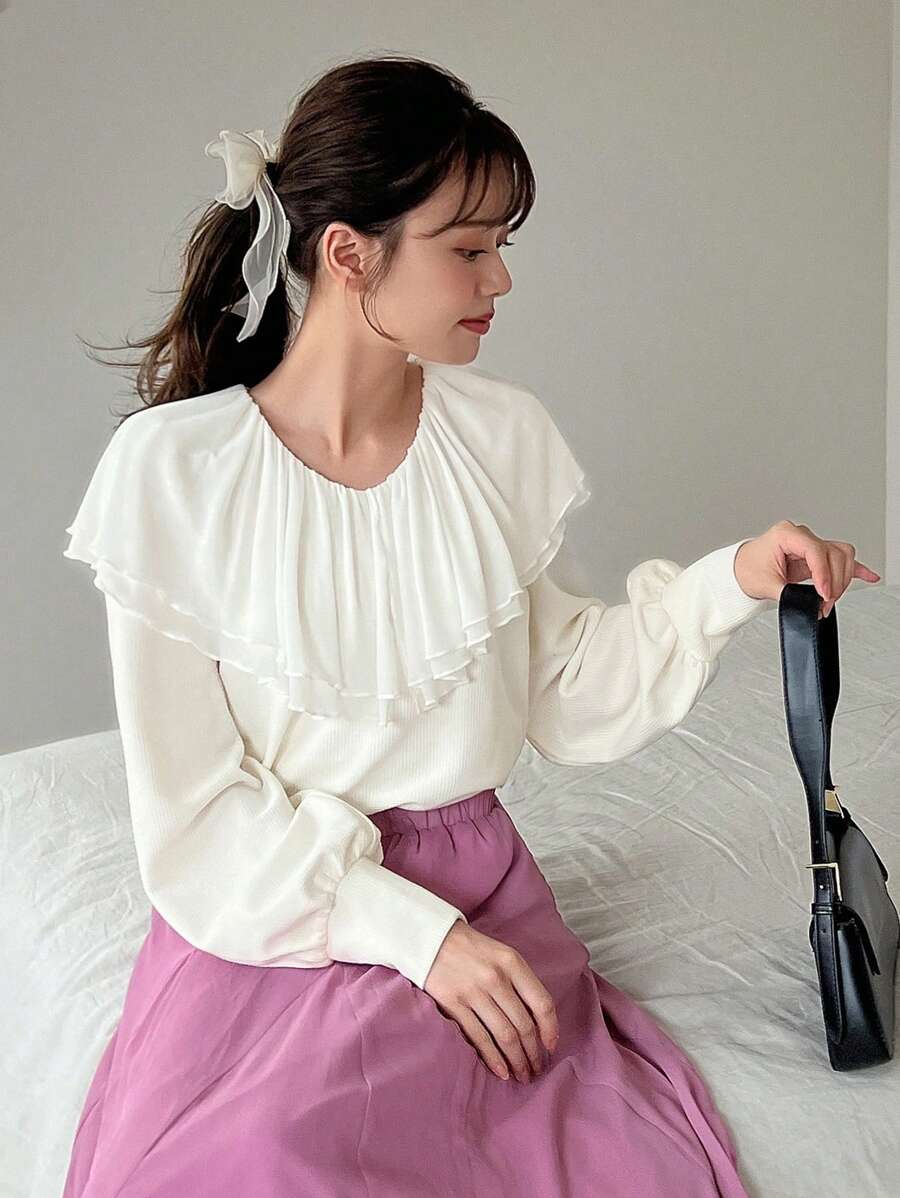 FRIFUL Chất rắn Viền Ruffle Tay áo Đèn lồng Áo thun - Màu be - Xem 1