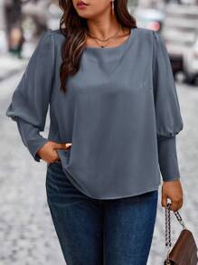 Celure Plus Button Back Gigot Sleeve Blouse - Dusty Blue - View 5