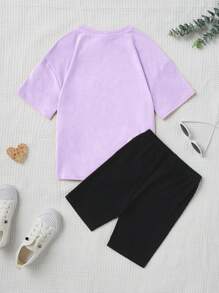 SHEIN Tween Girl Slogan Graphic Drop Shoulder Tee & Biker Shorts