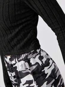 SHEIN Teen Girl Solid Crop Tee & Camo Print Wide Leg Pants - Black - View 6