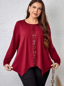 EMERY ROSE Hơn Ren tương phản Viền không đối xứng Áo thun - Màu Đỏ Sâu - Xem 3