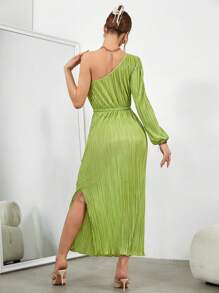 SHEIN Privé One Shoulder Lantern Sleeve Plisse Belted Dress - Green - View 2