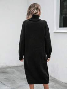 EMERY ROSE Figure Graphic Turtleneck Lantern Sleeve Sweater Dress Fall Winter Cloth For Women - Black - View 2
