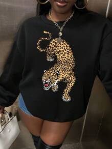 Slaydiva 女士宽松超大落肩虎纹豹纹卫衣 - 黑色 - 查看 2