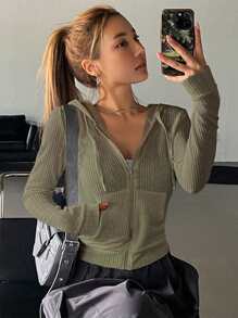 DAZY Dây kéo Dây rút áo có mũ Áo len crop - xanh quân đội - Xem 1