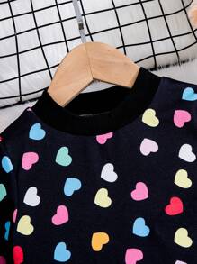 SHEIN Young Girl Heart Print Tee & Flare Leg Pants - Black - View 3