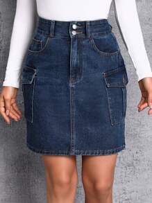 SHEIN Essnce 側翻蓋口袋工裝牛仔半身裙 - 藏蓝色 - 查看 4