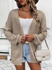 SHEIN Frenchy Pointelle Knit Drop Shoulder Cardigan - Apricot - View 4
