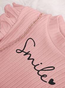 SHEIN 女大童字母圖案荷葉邊小高領T恤 - 藕粉色 - 查看 5