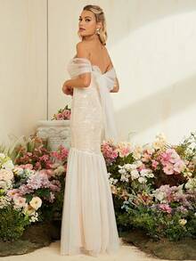 Off Shoulder Mermaid Hem Mesh Wedding Dress Mermaid Dress - White - View 4