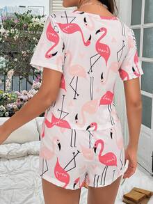 火烈鳥圖案T恤和短褲睡衣套裝 - 彩色 - 查看 2