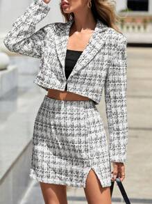 SHEIN Privé Plaid Pattern Tweed Crop Blazer & Split Hem Skirt - Black and White - View 4