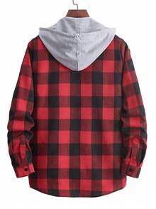 Hombres Camisa con estampado de guingán con cordón con capucha - Rojo - Ver 2