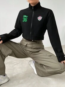 SHEIN EZwear 字母圖案拉鏈開襟短夾克 - 黑色 - 查看 5