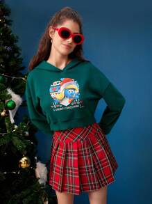 SHEIN X The Smurfs Cartoon & Slogan Graphic Drop Shoulder Hoodie - Green - View 6