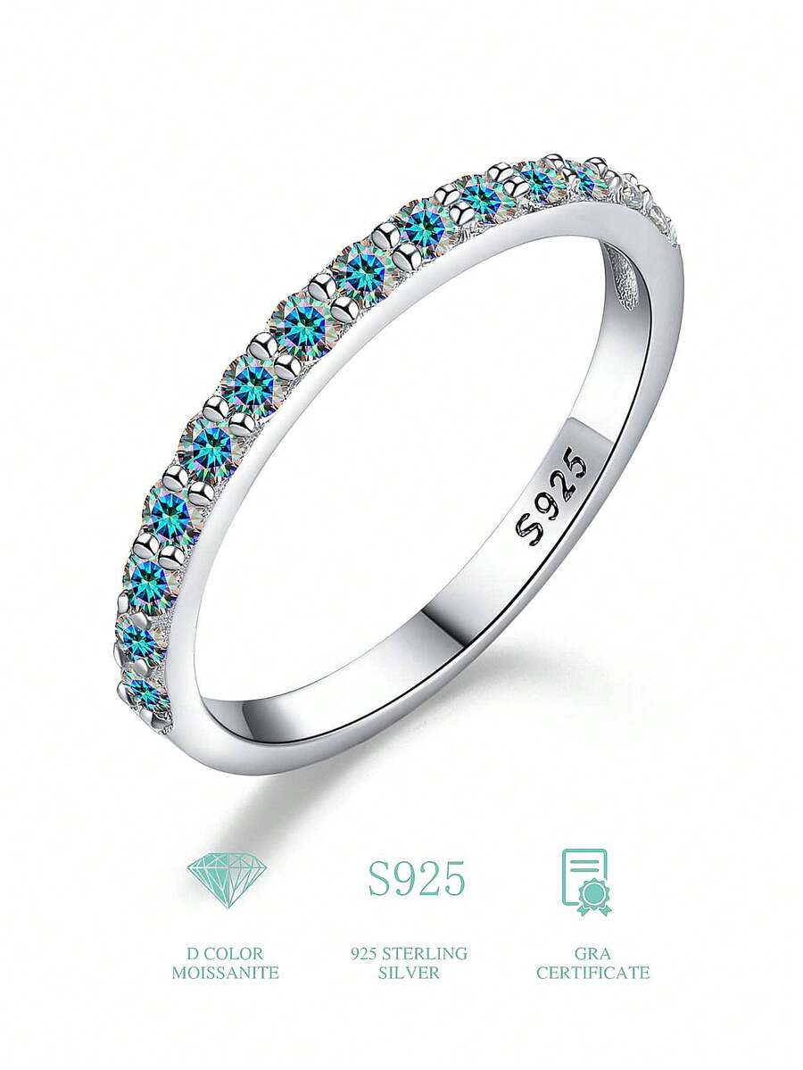 1入組閃耀莫桑石水鑽訂婚戒指婚戒適合女士S925純銀彩色定情戒指永恆戒指週年紀念日戒指情人節奢華首飾類禮物 - 銀色 - 查看 1