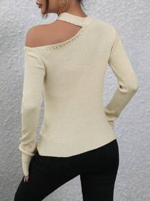 Chiquease 镂空不对称领口罗纹针织套头衫秋冬毛衣 - 杏色 - 查看 2