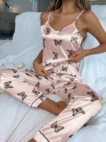 Conjunto de pijama / Pijama de satén con estampado de mariposa - Rosa Pálido - Ver 6