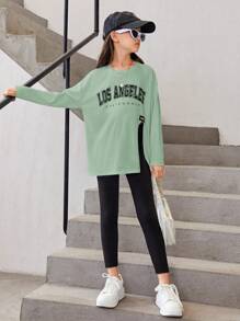 SHEIN Tween Girl Letter Graphic Split Hem Drop Shoulder Tee & Leggings - Mint Green - View 6