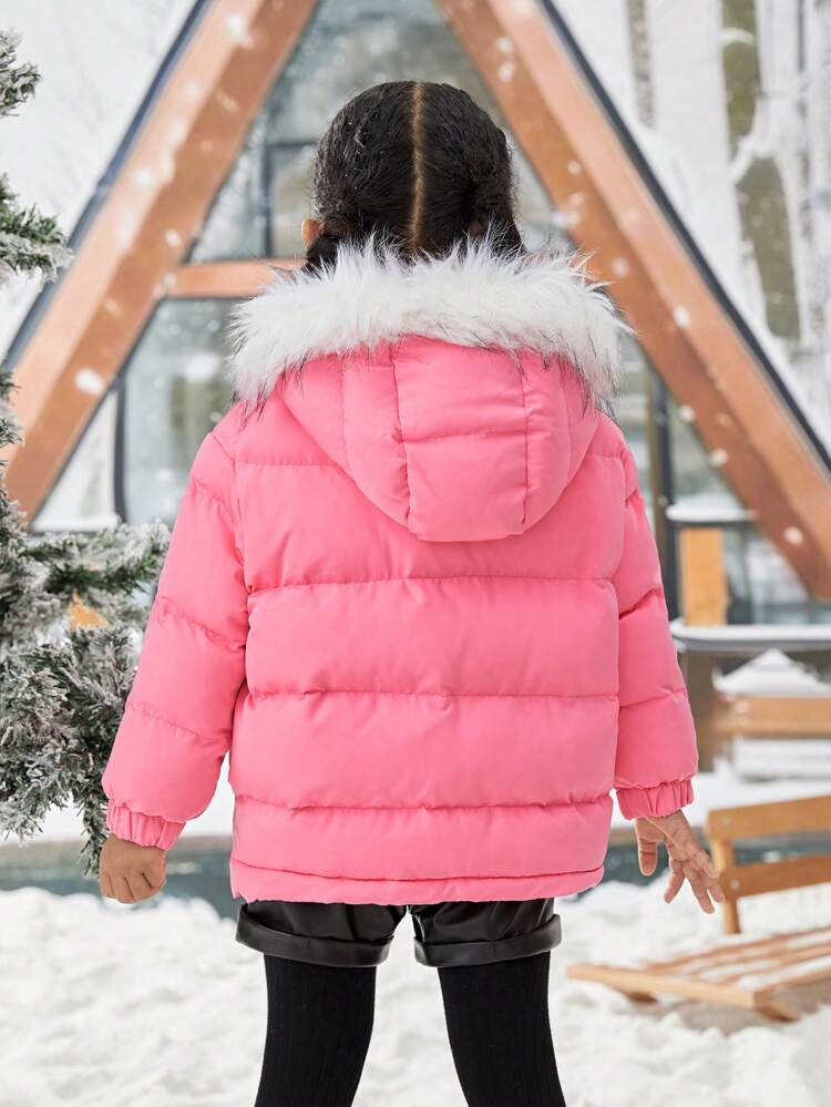 Young Girl Bear Decor Zip Up Fuzzy Trim Hooded Padded Coat